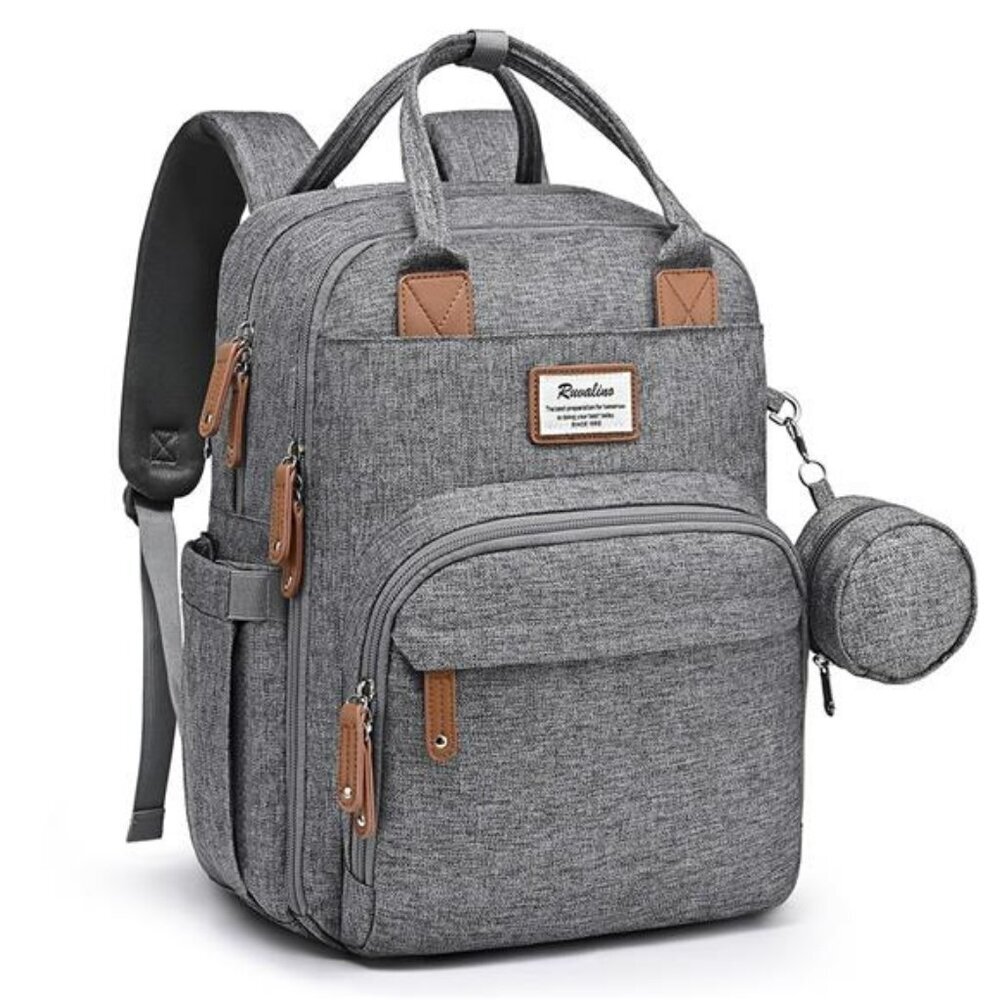 RUVALINO Diaper Bag Backpack Baby Travel Tote Waterproof Stroller Gray Pad
